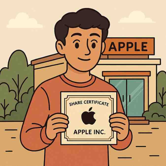 A young man stands outside an Apple store holding a share certificate labeled “Apple Inc.” symbolizing his first experience of stock ownership and becoming part of a global company.