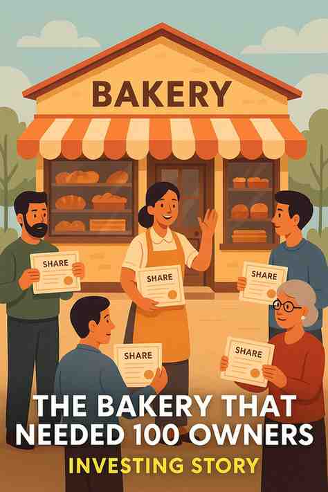 A bakery owner stands in front of her shop holding a share certificate while four community members proudly display their own certificates, symbolizing shared ownership and investment in the bakery.