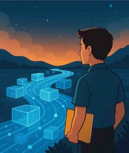 A young boy stands beside a glowing transparent river filled with digital blocks and flowing data, symbolizing how blockchain processes and records transactions without banks.