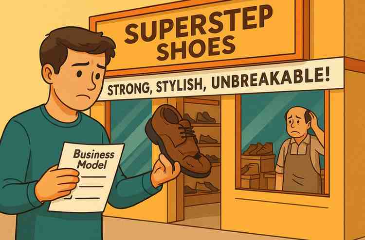 A young man stands outside “SuperStep Shoes,” holding a broken brown shoe in one hand and a paper labeled “Business Model” in the other, while the worried shop owner watches from inside the store under a banner claiming the shoes are “Strong, Stylish, Unbreakable!”