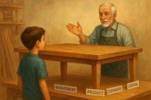 A semi-realistic illustration of a young boy observing a large four-legged wooden table as an elderly carpenter explains how each leg represents management, product, customers, and capital.