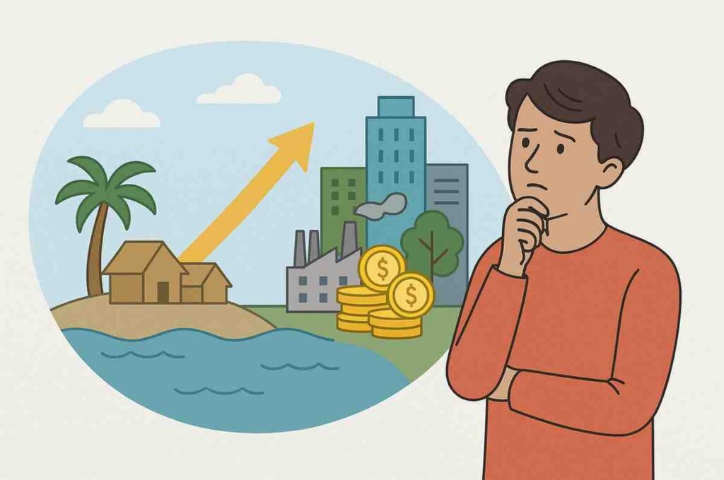 A young man stands thoughtfully while imagining an island village transforming into a modern city, shown with huts, a palm tree, factories, tall buildings, and gold coins connected by an upward arrow symbolizing capital growth and the purpose of capital markets.