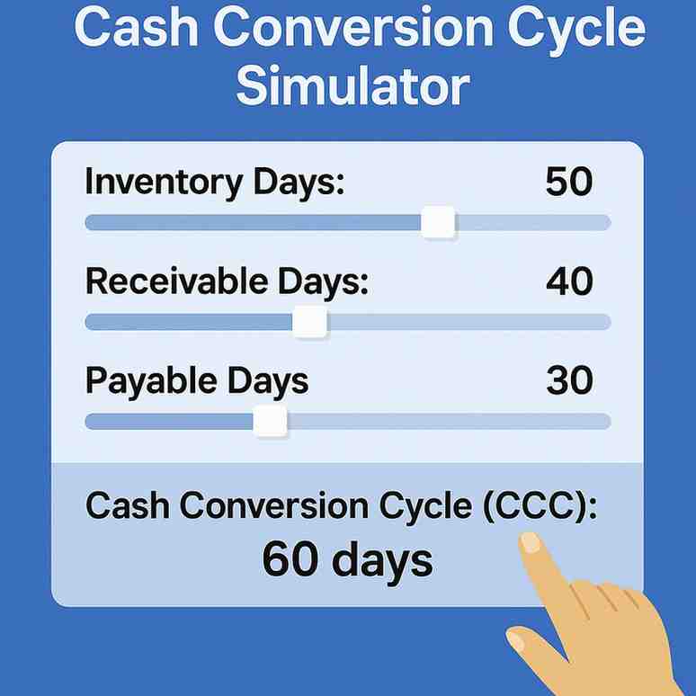 CCC simulator with sliders for inventory, receivables, payables, and CCC result display.