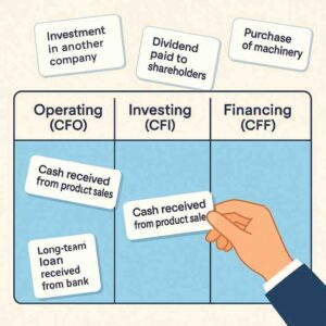 An illustrated Cash Flow Classifier game showing three columns labeled Operating (CFO), Investing (CFI), and Financing (CFF), with a hand placing transaction cards such as ‘Cash received from product sales’, ‘Investment in another company’, and ‘Dividend paid to shareholders’ into the correct categories.