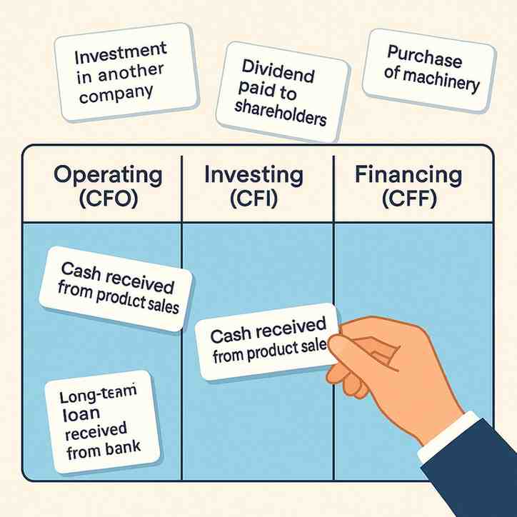 An illustrated Cash Flow Classifier game showing three columns labeled Operating (CFO), Investing (CFI), and Financing (CFF), with a hand placing transaction cards such as ‘Cash received from product sales’, ‘Investment in another company’, and ‘Dividend paid to shareholders’ into the correct categories.