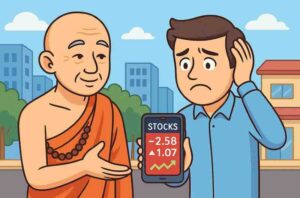 A worried investor checks falling stock prices on his phone while a calm monk gestures reassuringly beside him, illustrating the stress caused by checking stock prices daily