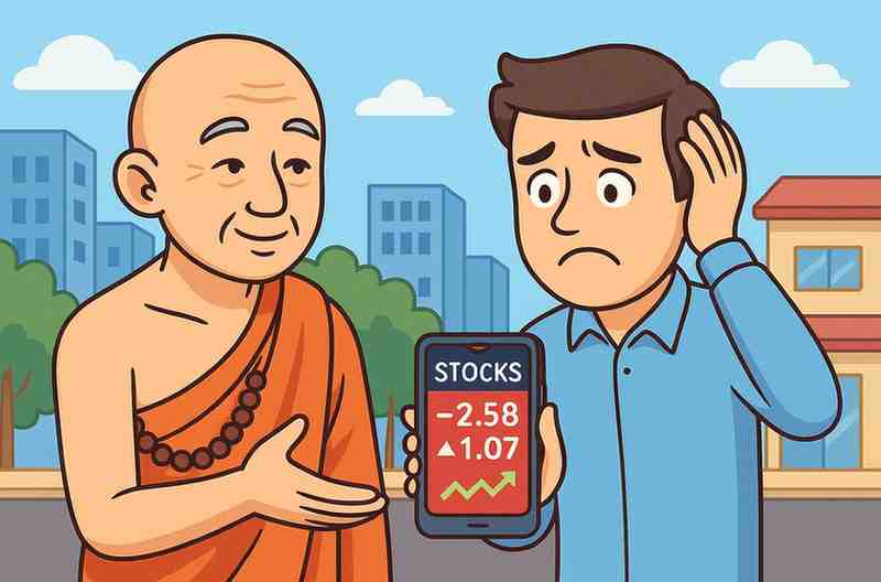 A worried investor checks falling stock prices on his phone while a calm monk gestures reassuringly beside him, illustrating the stress caused by checking stock prices daily