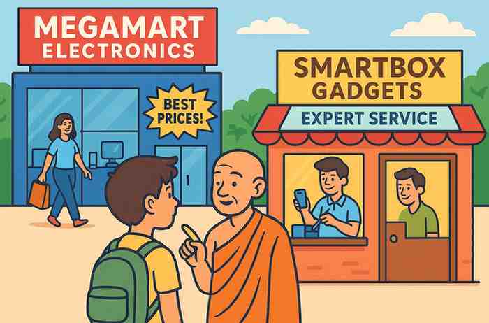 A young boy speaks with a monk in front of two contrasting stores—MegaMart Electronics with a “Best Prices” sign, and SmartBox Gadgets offering expert repair service—symbolizing rising silent competition in business.