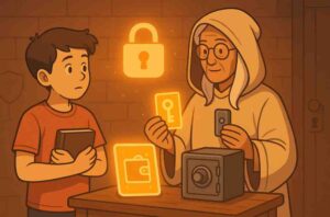 A young boy holding a notebook listens carefully to an elderly woman in a hooded robe as she explains crypto wallet safety, showing a glowing key card, a hardware wallet, and a secure safe, with lock icons glowing in the background.