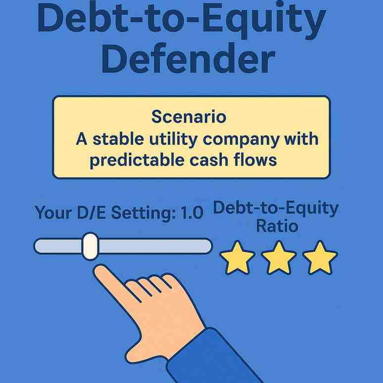 Debt-to-Equity Defender illustration with D/E formula and slider control for leverage.