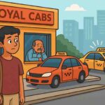 A young man stands outside the old “Royal Cabs” office while the worried owner looks out from the window; several empty traditional taxis are parked nearby, and in the background a customer enters an app-based taxi, symbolizing disruption in the taxi industry.