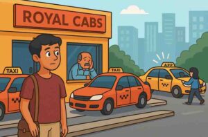 A young man stands outside the old “Royal Cabs” office while the worried owner looks out from the window; several empty traditional taxis are parked nearby, and in the background a customer enters an app-based taxi, symbolizing disruption in the taxi industry.