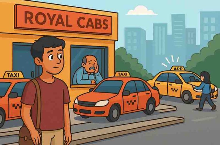 A young man stands outside the old “Royal Cabs” office while the worried owner looks out from the window; several empty traditional taxis are parked nearby, and in the background a customer enters an app-based taxi, symbolizing disruption in the taxi industry.