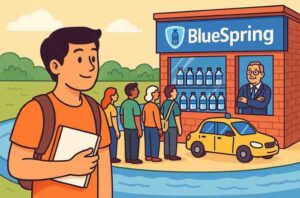 A boy watches people lining up at a BlueSpring water store surrounded by a moat, symbolizing strong business moats.