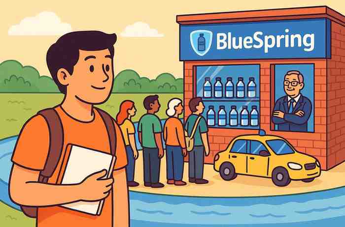 A boy watches people lining up at a BlueSpring water store surrounded by a moat, symbolizing strong business moats.