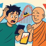 A worried young boy looks at a volatile stock chart on his phone while a calm monk beside him raises a hand in reassurance, with a rollercoaster and up-down arrows in the background symbolizing emotional swings in investing.
