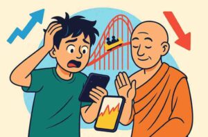 A worried young boy looks at a volatile stock chart on his phone while a calm monk beside him raises a hand in reassurance, with a rollercoaster and up-down arrows in the background symbolizing emotional swings in investing.