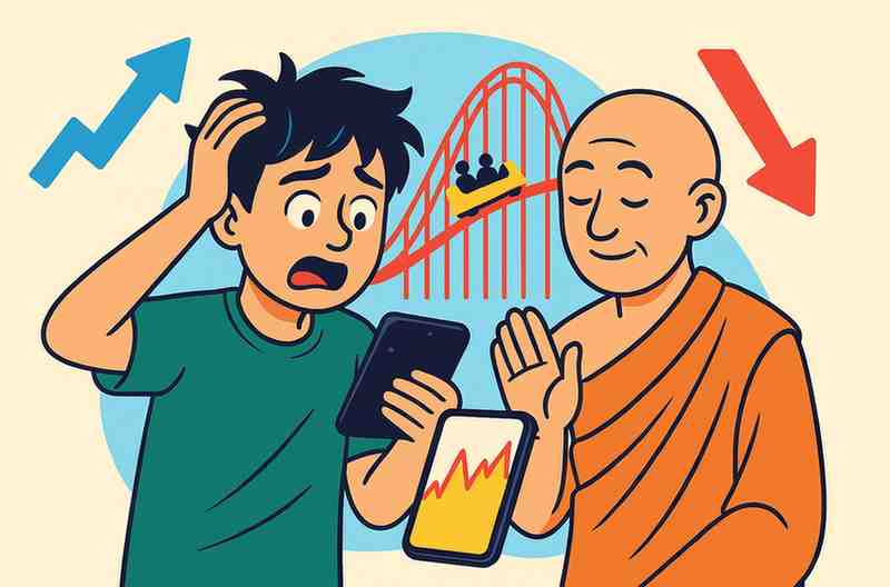 A worried young boy looks at a volatile stock chart on his phone while a calm monk beside him raises a hand in reassurance, with a rollercoaster and up-down arrows in the background symbolizing emotional swings in investing.