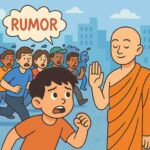 A frightened boy watches a crowd running blindly after a rumor, while a calm monk raises his hand to stop him, illustrating herd behaviour in markets.