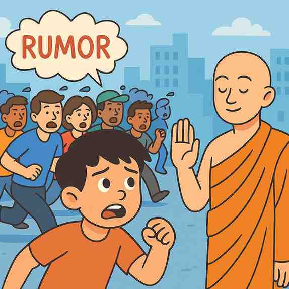 A frightened boy watches a crowd running blindly after a rumor, while a calm monk raises his hand to stop him, illustrating herd behaviour in markets.