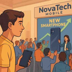 A young man stands in a modern smartphone store that displays advanced devices, glowing screens, and futuristic app icons, symbolizing how innovation in technology drives business growth and valuation.