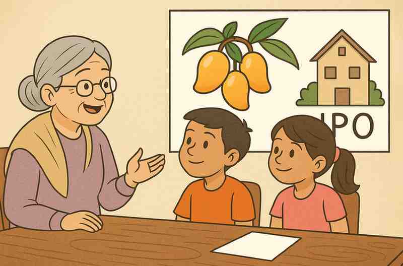 An elderly grandmother explains her mango farm’s IPO to two children seated at a table, with a poster showing mangoes and a house labeled “IPO” in the background.