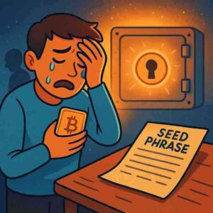 A distressed young man cries while holding a Bitcoin card, with a glowing vault door behind him and a seed phrase paper on the table, symbolizing the loss of private keys and access to cryptocurrency.