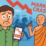 A worried man holds a phone showing a falling stock chart and a red “SELL” button while a calm monk gestures reassuringly, with a panicked crowd and “Market Crash!” in the background, symbolizing panic selling.