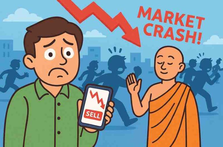 A worried man holds a phone showing a falling stock chart and a red “SELL” button while a calm monk gestures reassuringly, with a panicked crowd and “Market Crash!” in the background, symbolizing panic selling.