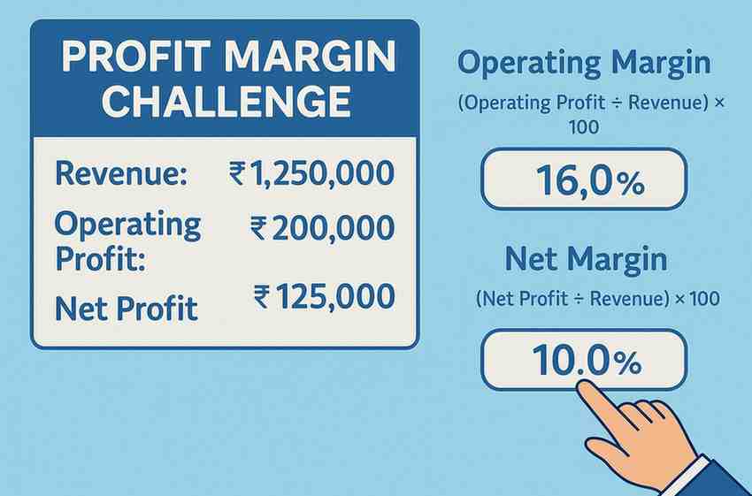 Profit Margin Challenge illustration with revenue, profits, and margin calculations.