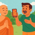 A cheerful man excitedly shows his phone displaying “Quick Profits!” to a calm monk standing beside him, highlighting the contrast between greed for fast money and peaceful wisdom.