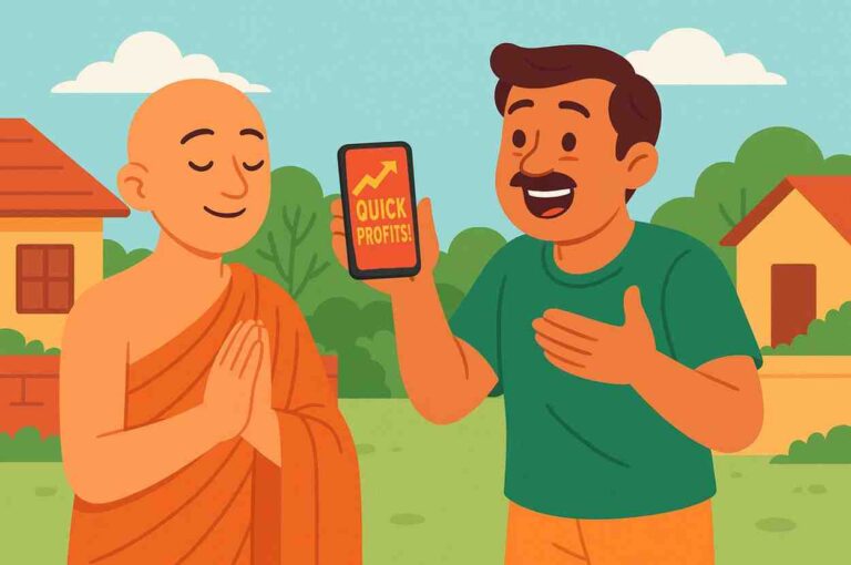 A cheerful man excitedly shows his phone displaying “Quick Profits!” to a calm monk standing beside him, highlighting the contrast between greed for fast money and peaceful wisdom.