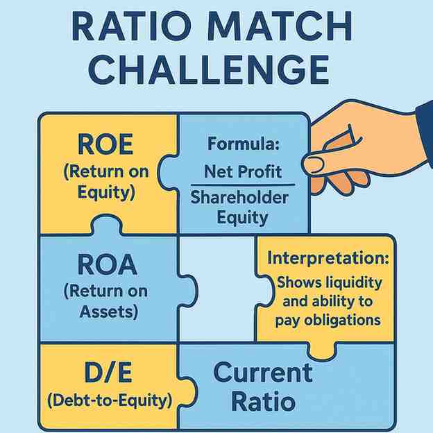An illustrated Ratio Match Challenge puzzle showing ROE, ROA, Debt-to-Equity, and Current Ratio pieces, with a hand placing a formula piece that explains ‘Net Profit ÷ Shareholder Equity’, representing matching financial ratios with their formulas and interpretations.