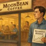 A young man stands inside a cozy coffee shop holding a notebook while customers work and socialize around him, symbolizing recurring revenue as people return daily for their routine coffee.