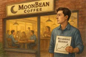 A young man stands inside a cozy coffee shop holding a notebook while customers work and socialize around him, symbolizing recurring revenue as people return daily for their routine coffee.