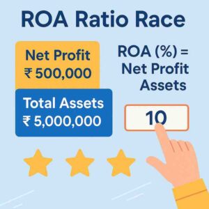 ROA Ratio Race illustration showing ROA formula, inputs, and star scoring.