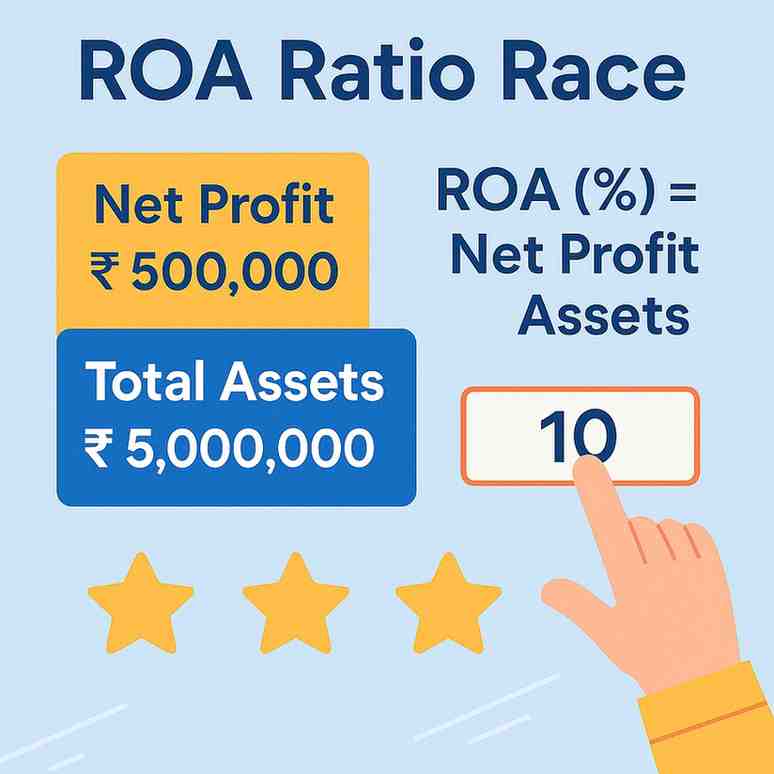 ROA Ratio Race illustration showing ROA formula, inputs, and star scoring.