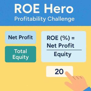 ROE Hero game illustration showing ROE formula and user entering profitability value.