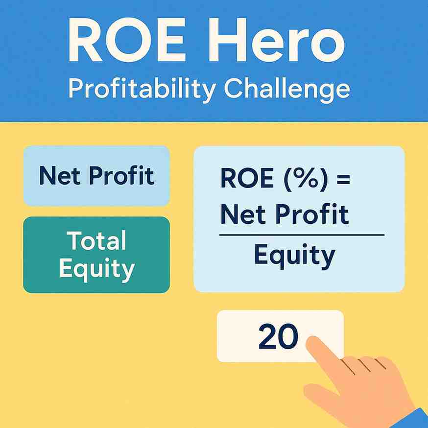 ROE Hero game illustration showing ROE formula and user entering profitability value.