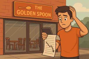 A young man stands outside an empty restaurant called “The Golden Spoon,” looking worried as he holds a phone and a sales report showing a downward trend, symbolizing declining sales and lack of customer growth.

If you want, I can also generate: