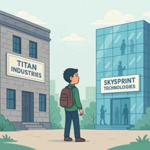 A young boy stands between two contrasting buildings—a traditional stone building labeled “Titan Industries” and a modern glass tower labeled “Skysprint Technologies”—symbolizing the difference between slow, stable companies and fast-growing startups