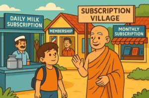 A cheerful cartoon-style village scene showing a monk guiding a young boy past shops offering daily milk subscriptions, membership services, and monthly bookstore subscriptions, symbolizing predictable recurring revenue.
