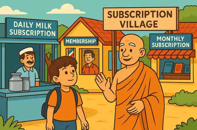 A cheerful cartoon-style village scene showing a monk guiding a young boy past shops offering daily milk subscriptions, membership services, and monthly bookstore subscriptions, symbolizing predictable recurring revenue.