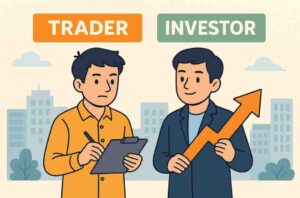 A trader holding a clipboard stands beside an investor holding an upward arrow, visually contrasting short-term trading with long-term investing in a flat-style illustration.