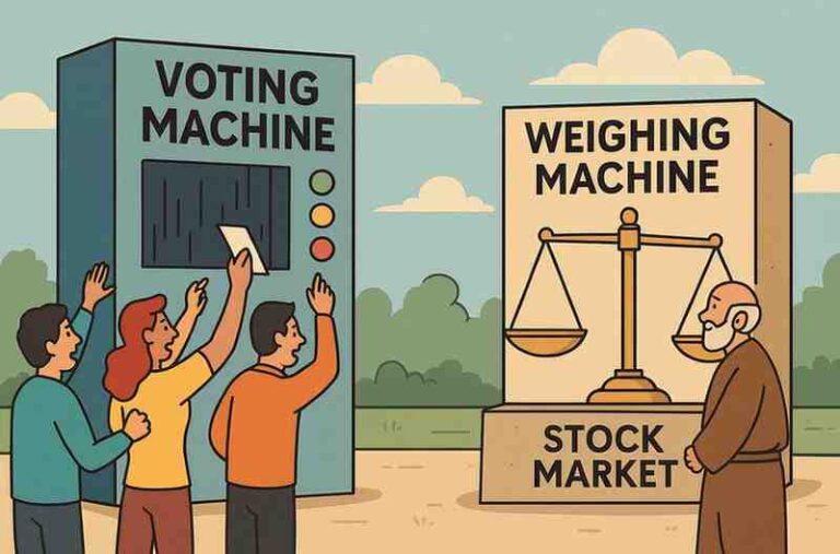 A large “Voting Machine” with people emotionally casting votes stands opposite a calm “Weighing Machine” with a balanced scale and a monk observing, symbolizing the stock market acting as a voting machine in the short term and a weighing machine in the long term.