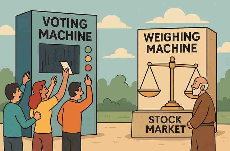 A large “Voting Machine” with people emotionally casting votes stands opposite a calm “Weighing Machine” with a balanced scale and a monk observing, symbolizing the stock market acting as a voting machine in the short term and a weighing machine in the long term.