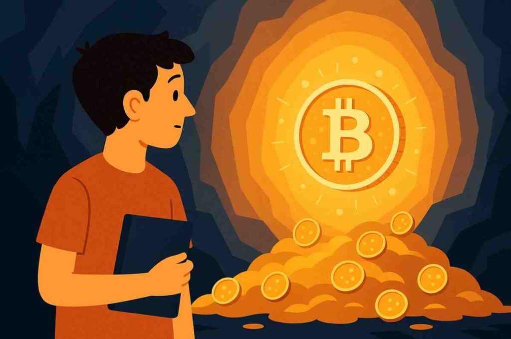 A young boy holding a notebook stands inside a glowing cavern, looking at a large illuminated Bitcoin symbol and piles of digital gold coins, symbolizing the discovery of cryptocurrency.