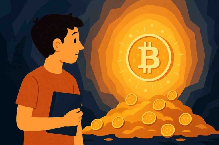 A young boy holding a notebook stands inside a glowing cavern, looking at a large illuminated Bitcoin symbol and piles of digital gold coins, symbolizing the discovery of cryptocurrency.