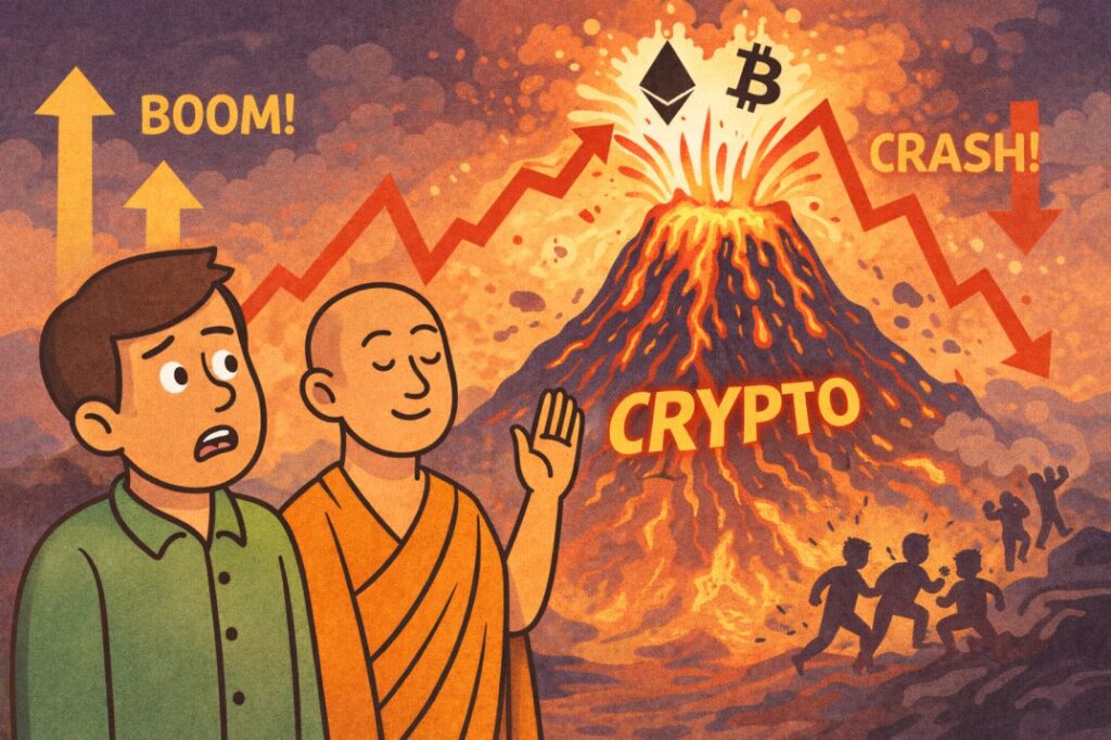 A young boy and a calm monk watch a volcano erupt with Bitcoin and Ethereum symbols rising and falling, illustrating extreme volatility in cryptocurrency markets.