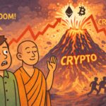 A young boy and a calm monk watch a volcano erupt with Bitcoin and Ethereum symbols rising and falling, illustrating extreme volatility in cryptocurrency markets.